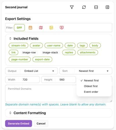 The Export settings for embed list